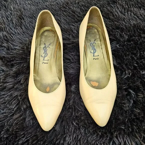 YSL Paris Women Heel Sandal Beige Leather Upper Shoes Saint Laurent Size 36.5 - Picture 1 of 11